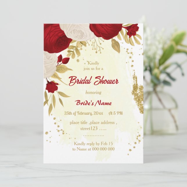 Invitation fleurs rouges foncées et blanches or shower de mar (Debout devant)