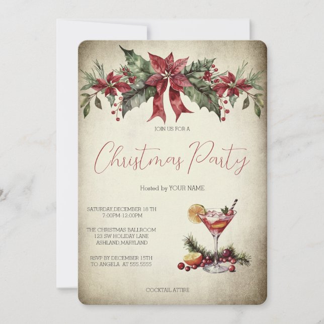 Invitation Fleurs rouges Fruits Boissons Noël Fête (Devant)