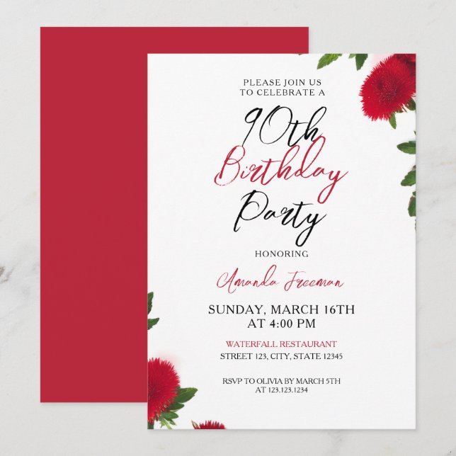 Invitation Fleurs rouges gras Feminine 90e anniversaire (Devant / Derrière)