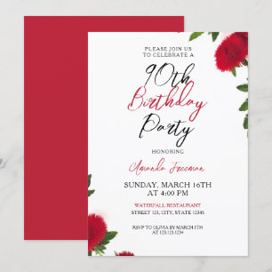Invitation Fleurs rouges gras Feminine 90e anniversaire