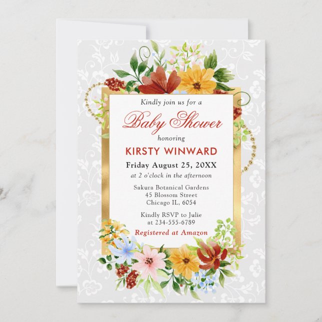Invitation Fleurs rouges, jaunes et bleues Baby shower or (Devant)