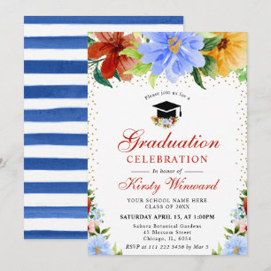 Invitation Fleurs Rouges, Jaunes et Bleues Diplômé