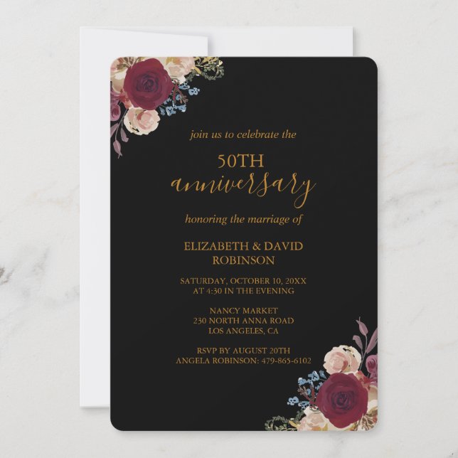 Invitation Fleurs rouges Noir mariage du 50e anniversaire (Devant)