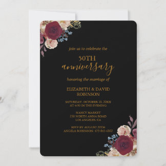 Invitation Fleurs rouges Noir mariage du 50e anniversaire