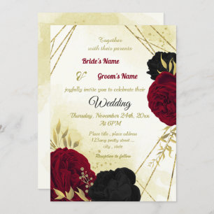 Invitation fleurs rouges noires or feuille mariage