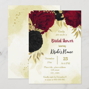 Invitation fleurs rouges noires or feuille nuptiale