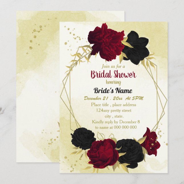 Invitation fleurs rouges noires or feuille nuptiale (Devant / Derrière)
