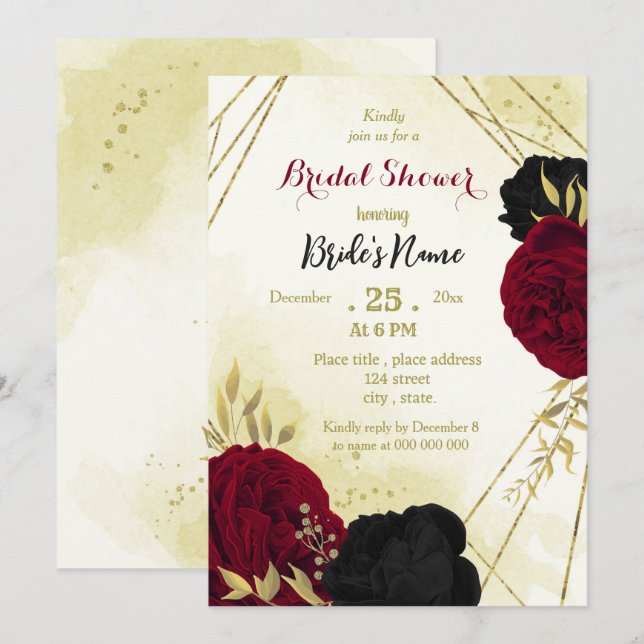 Invitation fleurs rouges noires or feuille nuptiale (Devant / Derrière)