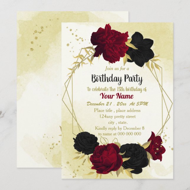 Invitation fleurs rouges noires or feuilles anniversaire (Devant / Derrière)