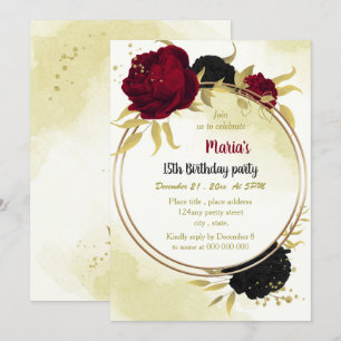 Invitation fleurs rouges noires or feuilles anniversaire