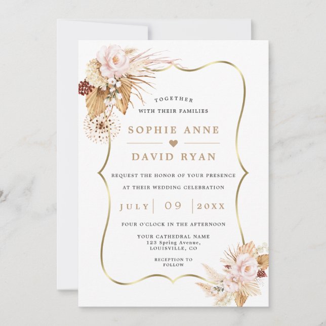 Invitation Fleurs Rouges Pampas Grass Tout en un Mariage (Devant)