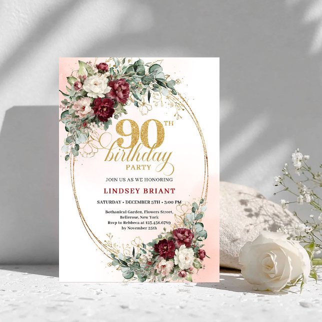 Invitation Fleurs rouges profondes romantiques Boho pour 90e  (Romantic Deep Red Flowers Gold 90th Birthday Invite)