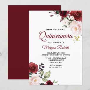 Invitation Fleurs rouges romantiques de Bourgogne Quinceanera