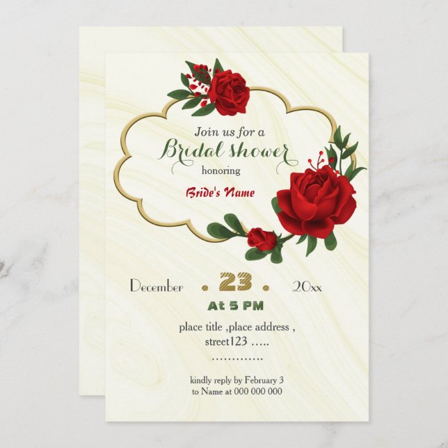 Invitation fleurs rouges vert feuille cadre doré nuptiale (Devant / Derrière)