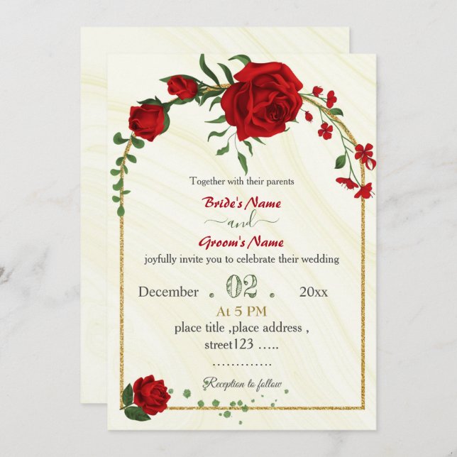 Invitation fleurs rouges vert feuille cadre or mariage (Devant / Derrière)