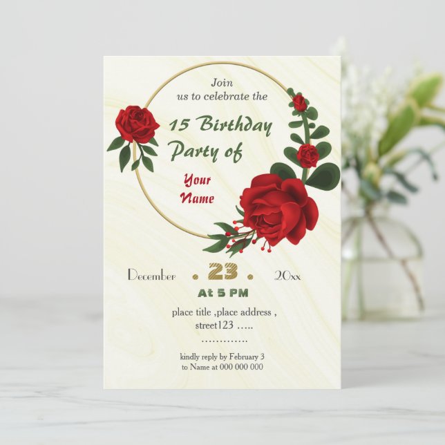 Invitation fleurs rouges vert feuilles couronne anniversaire (Debout devant)