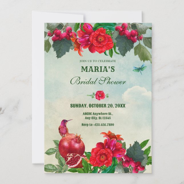 Invitation Fleurs rouges vertes Oiseau douche de nuptiale rét (Devant)