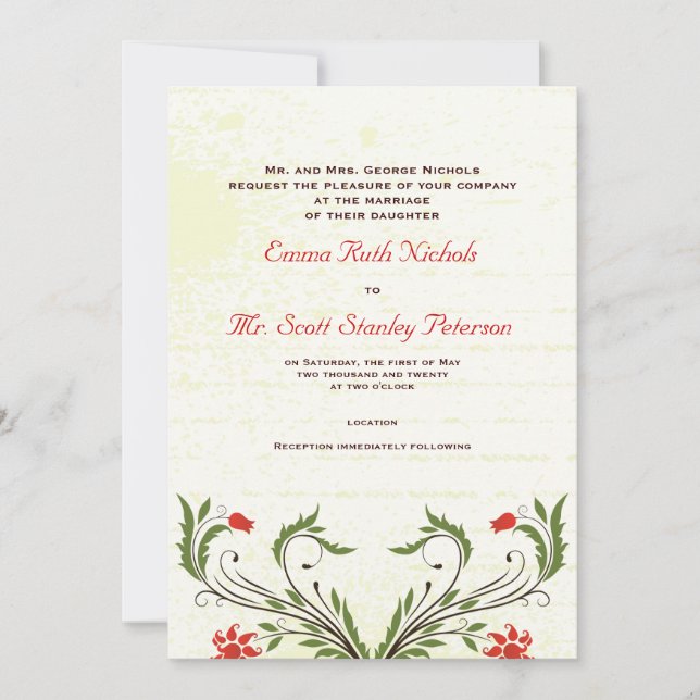 Invitation Fleurs rouges Vintage Art Nouveau Mariage Invitati (Devant)