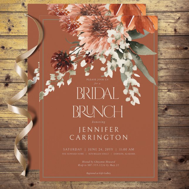 Invitation Fleurs rouille en terre cuite rustique Brunch nupt (Rustic Terracotta Rust Flowers Bridal Brunch Invitation)