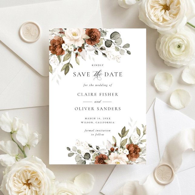 Invitation Fleurs rouille verdure mariage à retenir la date (Créateur téléchargé)