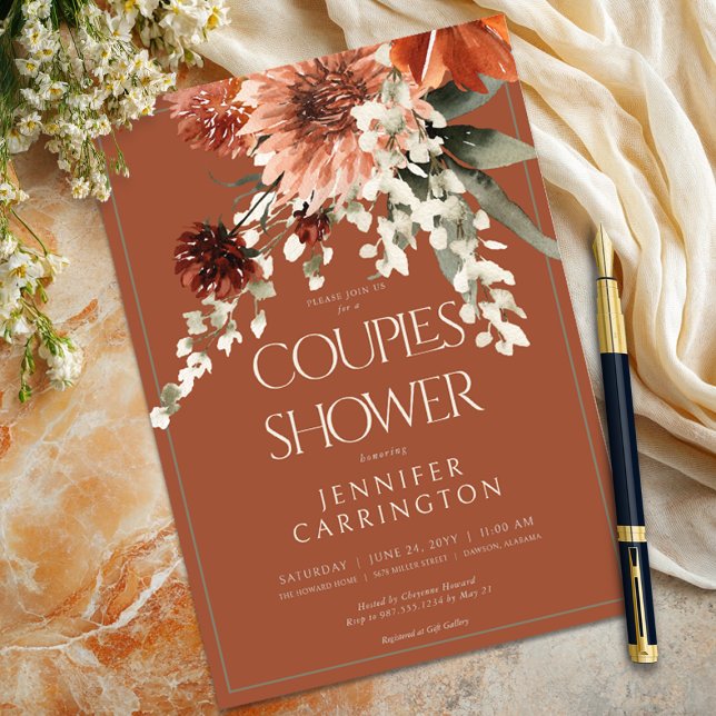 Invitation Fleurs rouilles en terre cuite rustique Couples Do (Rustic Terracotta Rust Flowers Couples Shower Invitation)
