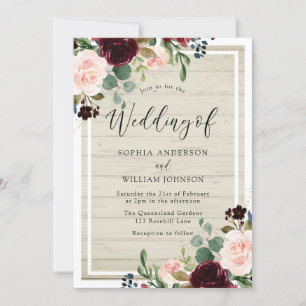 Invitation Fleurs rousses et bordeaux Mariage en bois blanc r