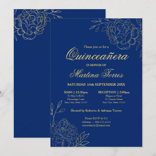 Invitation Fleurs Royal Bleu Or Fine Art Quinceanera
