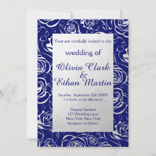 Invitation Fleurs Royal Bleues et Argent à huile avec Rose
