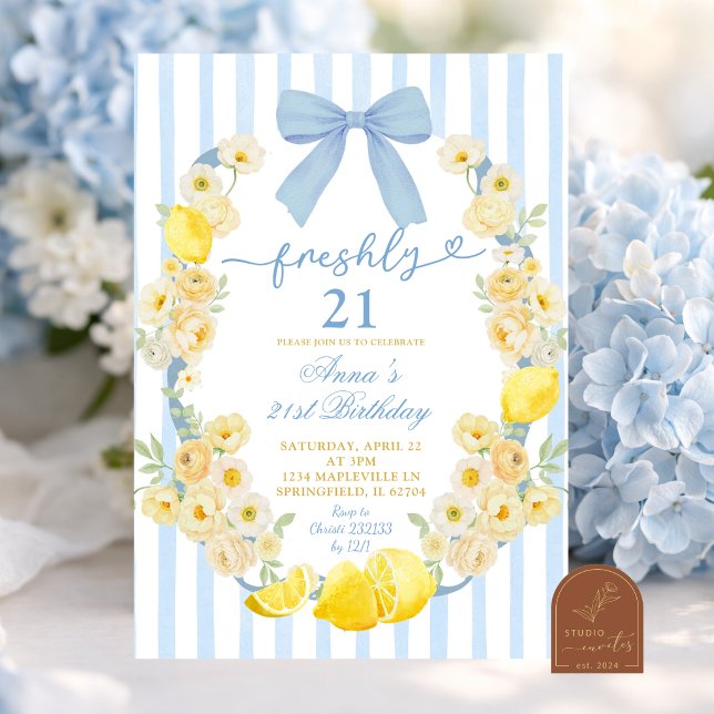 Invitation Fleurs Ruban Bleu Citron Fraîchement 21 Anniversai (Créateur téléchargé)