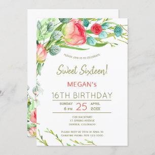 Invitation Fleurs rustiques aquarelle sweet sixteen moderne