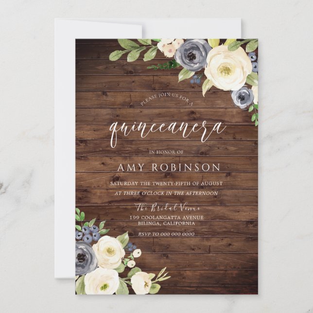 Invitation Fleurs rustiques blanches et marines Quinceanera P (Devant)