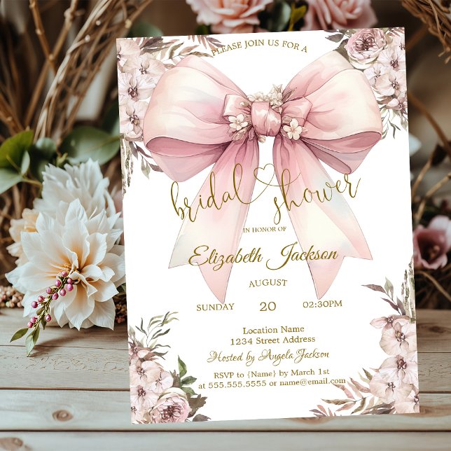 Invitation Fleurs rustiques chic Nœud rose Fête de mariage (Créateur téléchargé)