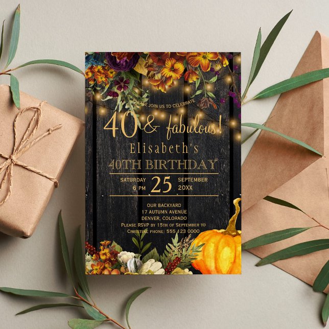 Invitation Fleurs rustiques chic rouillées d'automne 40 année (Créateur téléchargé)