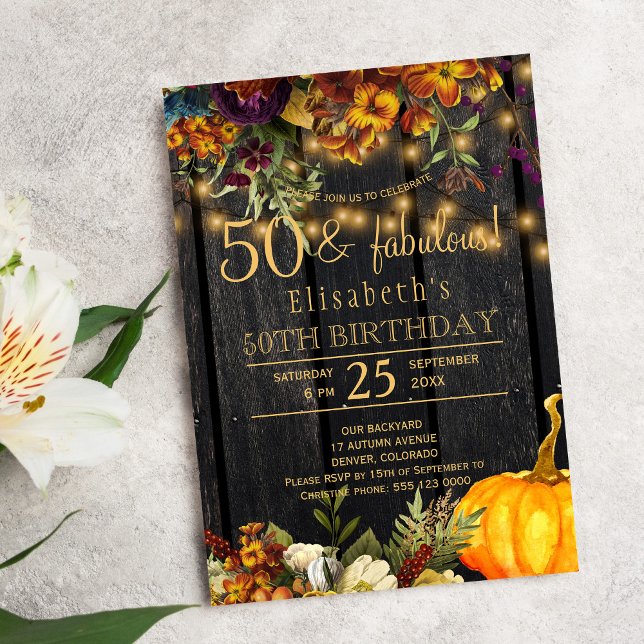 Invitation Fleurs rustiques chic rouillées d'automne 50 année (Créateur téléchargé)