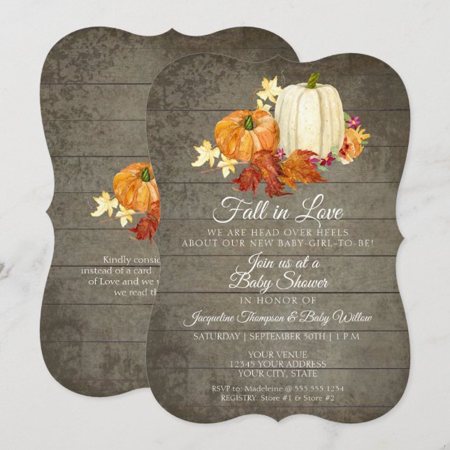 Invitation Fleurs rustiques citrouilles en bois gris Fille Ba (Devant / Derrière)
