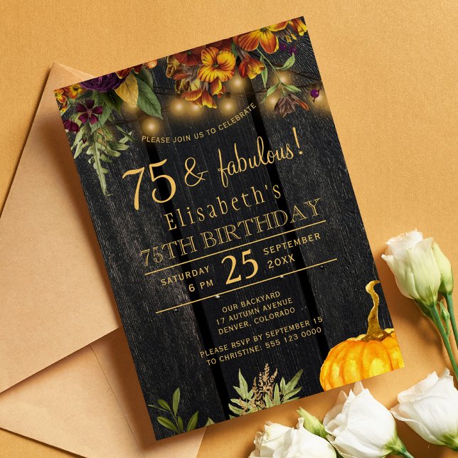 Invitation Fleurs rustiques d'automne en bois 75 années d'ann (Créateur téléchargé)