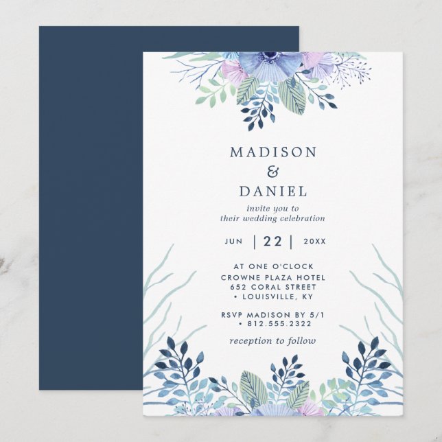 Invitation Fleurs Rustiques d'Hiver Bleu Marine Mariage Aquar (Devant / Derrière)