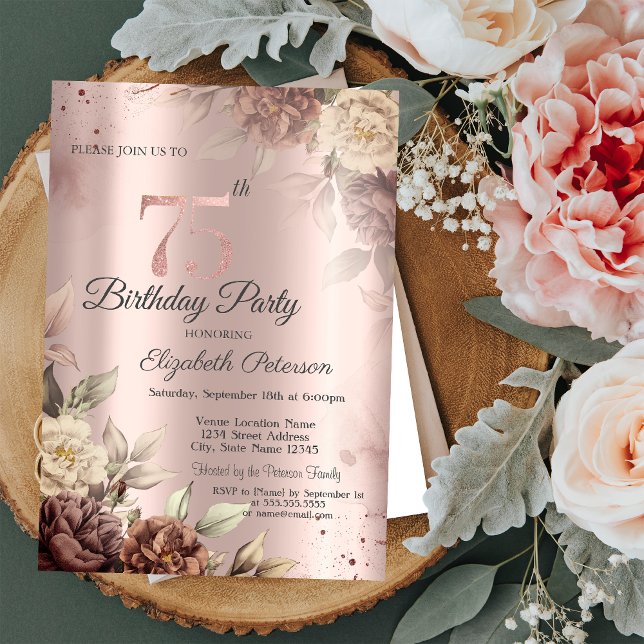 Invitation Fleurs Rustiques Élégantes Rose Gold 75e Anniversa (Créateur téléchargé)