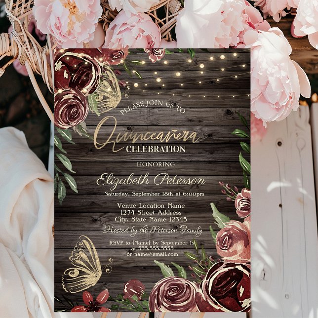 Invitation Fleurs rustiques Papillons scintillants Bois (Créateur téléchargé)