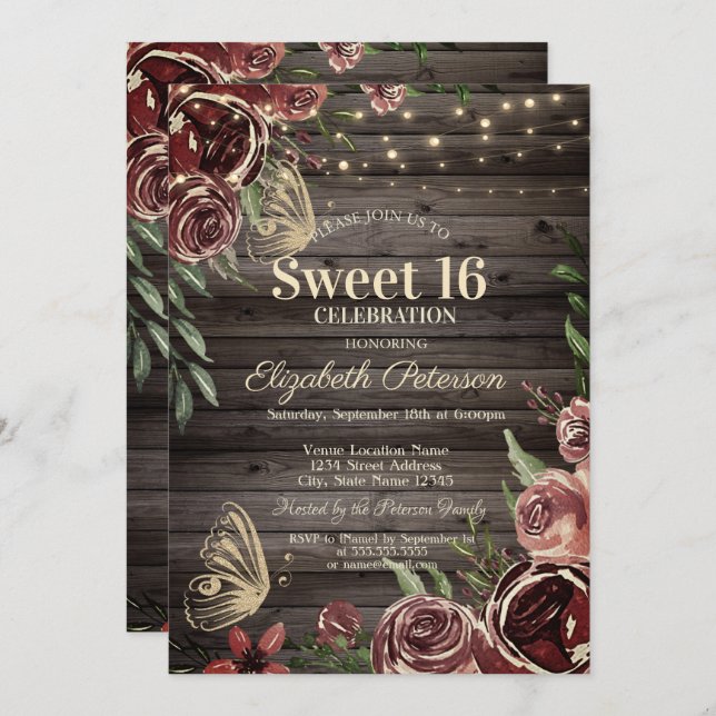 Invitation Fleurs rustiques Parties scintillant Bitterflies B (Devant / Derrière)