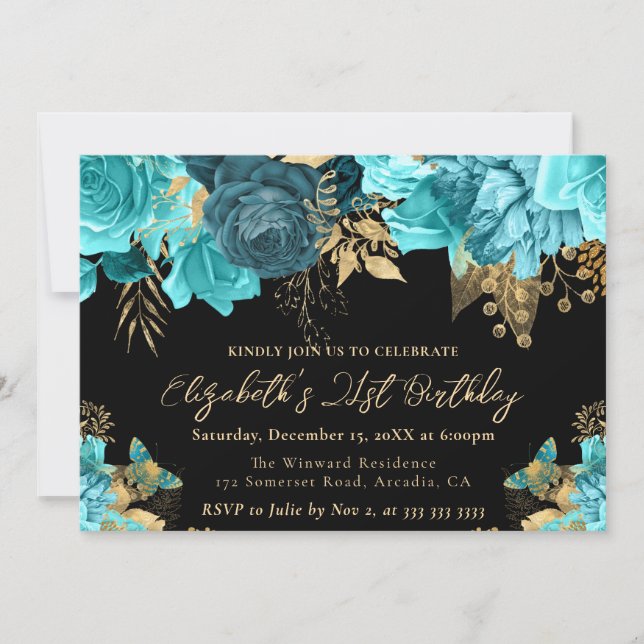 Invitation Fleurs sarcelle et or aquarelle pour 21e anniversa (Devant)