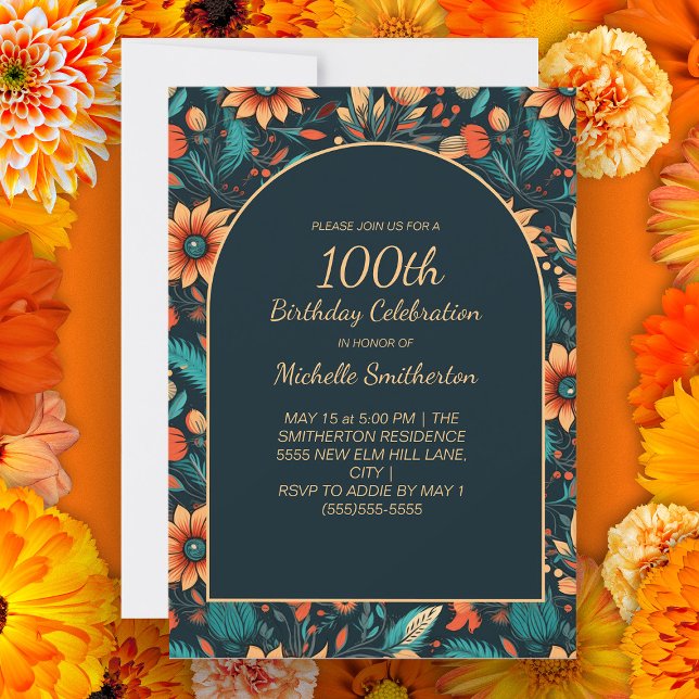 Invitation Fleurs sarcelles orange sur une arche noire pour 1 (Orange and teal floral on black arch 100th birthday party invitation for women.)