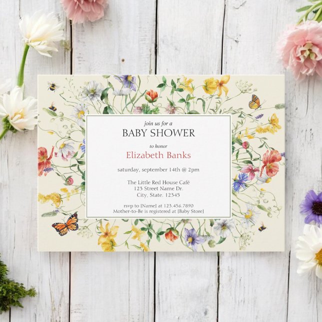 Invitation Fleurs sauvages, abeilles et Baby shower papillon  (Créateur téléchargé)