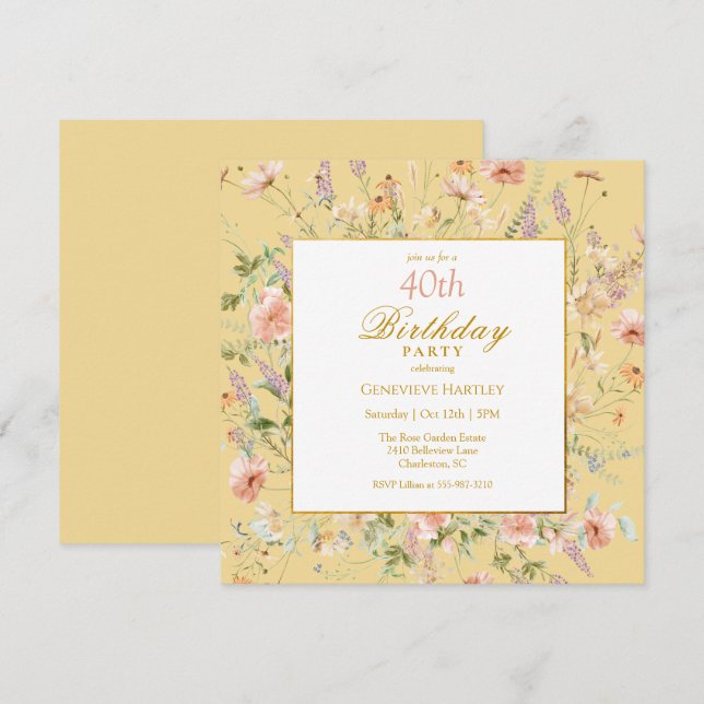 Invitation Fleurs sauvages aquarelle 40e anniversaire jaune (Devant / Derrière)