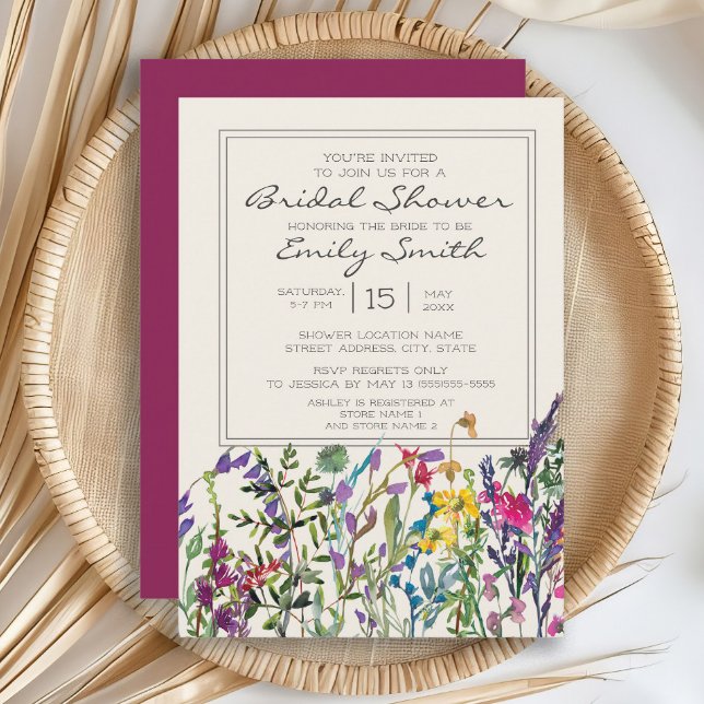 Invitation Fleurs sauvages aquarelle crème violet douche de m (Watercolor wildflowers bridal shower invitation)