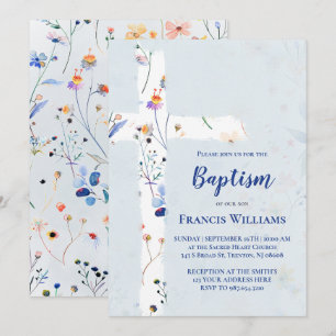 Invitation fleurs sauvages aquarelle croix Baptême