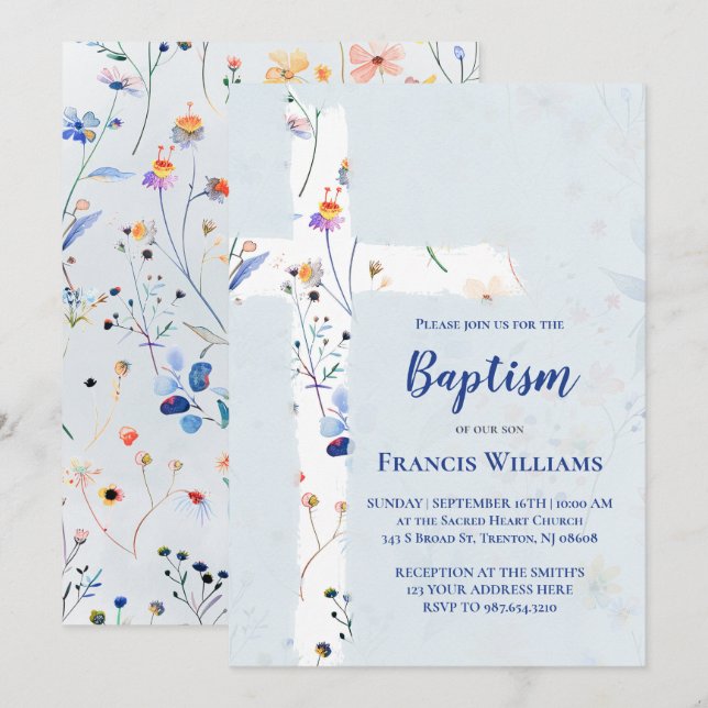 Invitation fleurs sauvages aquarelle croix Baptême  (Devant / Derrière)