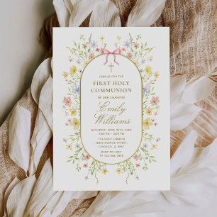 Invitation Fleurs sauvages aquarelle croix dorée Première Com
