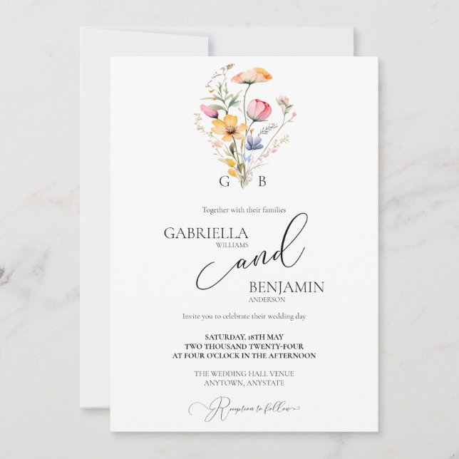 Invitation Fleurs Sauvages Aquarelle Mariage Bohème Champêtre (Devant)