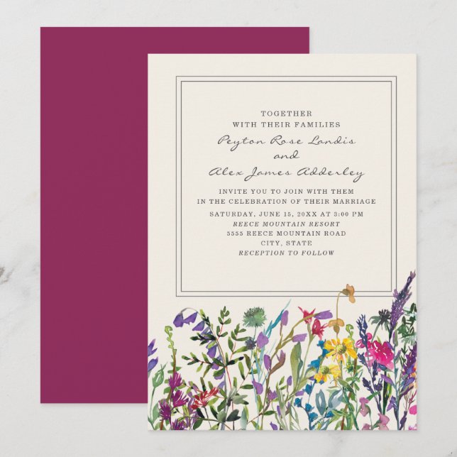Invitation Fleurs sauvages aquarelle mariage crème violet (Devant / Derrière)